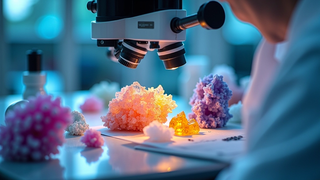 Vědecký výzkum minerálů, mikroskopický pohled na krystaly minerálů v laboratorii