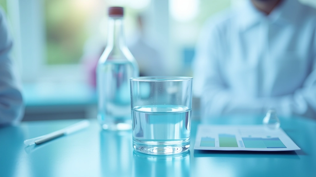Laboratorní analýza minerální vody, sklenice s průzračnou vodou a analýzou složení