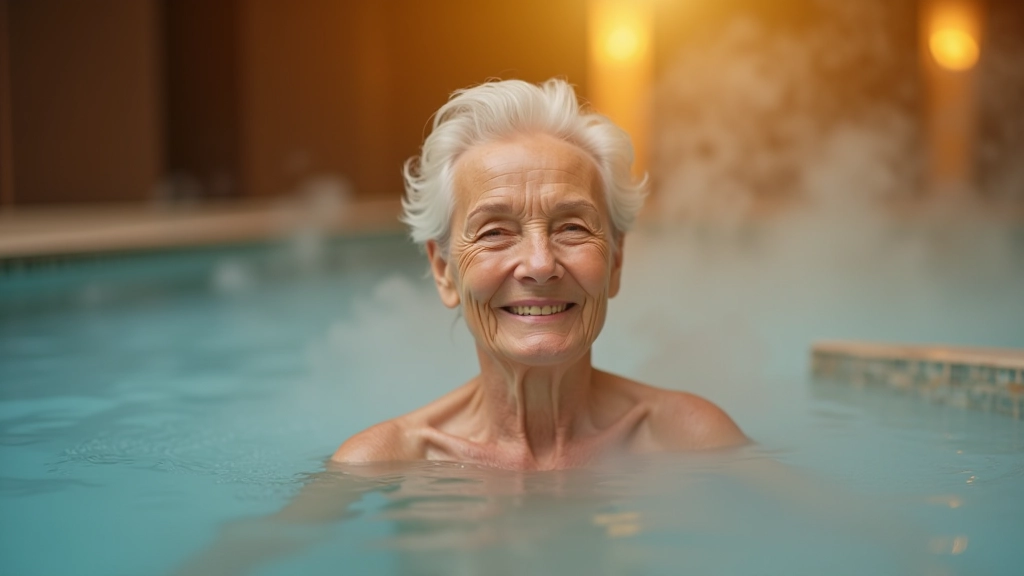 Starší osoba relaxující v termální vodě s minerály, klidný výraz, wellness spa prostředí