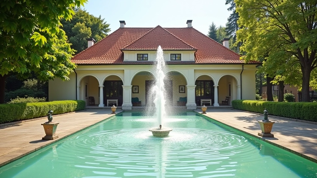 Ružův pramen s koupelovnou budovou a zeleným parkem, léčivá studánka v historickém lázeňském městě